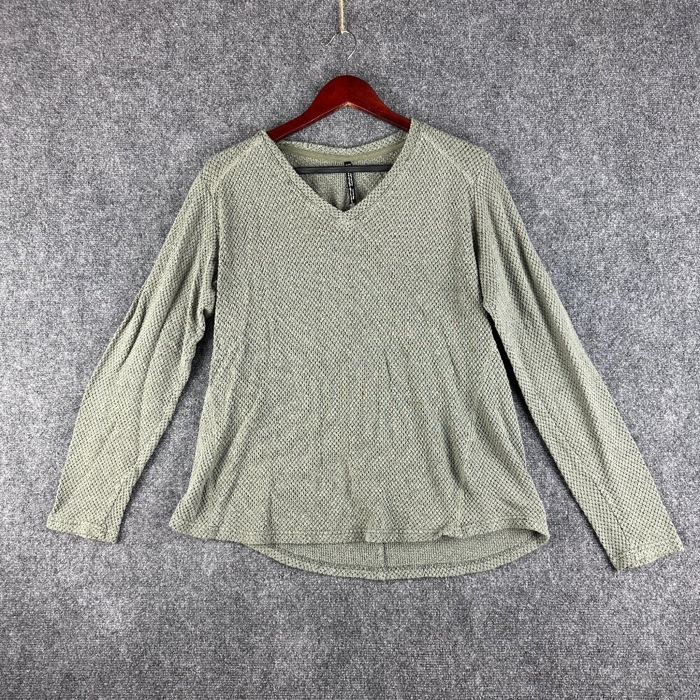 KUHL Top Womens Large Green Cotton Thermal Knit Tee Long Sleeve Curved Hem VNeck